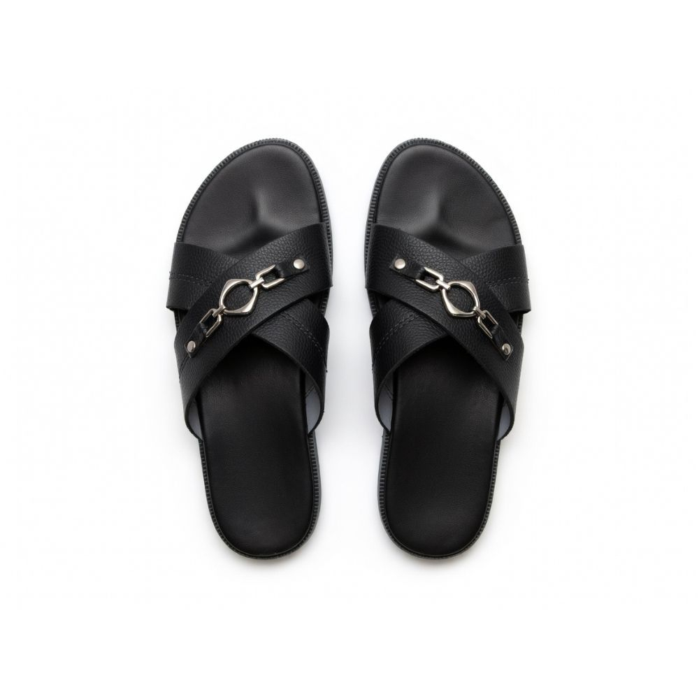 Designer Style Black Leather Crossover Slides